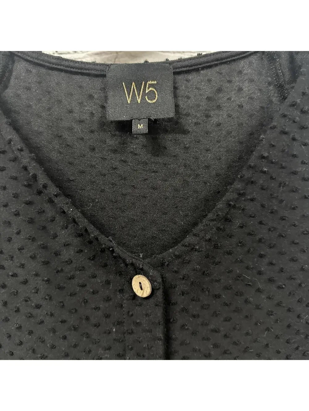 W5 Black Boho Textured Dotted Fabric button-down 3/4 Puff Sleeve Blouse M